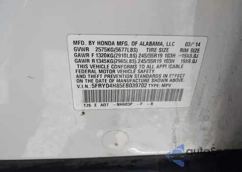 2014 Acura Mdx Advance Pkg W/Entertainment Pkg from USA, damaged, VIN 5FRYD4H85EB039702